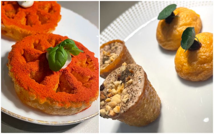Le entrée
Una selezione giocosa di piccoli assaggi che danno il via alla cena: la Ruota al pomodoro - una sfoglia croccante, sottile, leggera cosparsa di polvere di pomodoro, intensa, e una crema di ricotta profumata, regalano il ricordo di una pizza margherita, del fiordilatte che si intreccia al pomodoro, legati dal Parmigiano Reggiano; il Cestino di tartare con salsa tonnata e nocciole, un grande classico, e soffice, etereo il Bignè, scioglievole ripieno di crema allo zafferano
