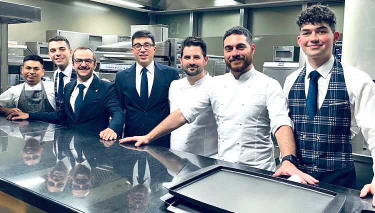 Andrea Berton's almost full brigade on the evening of the 2nd May, a week after the debut of the Natura menu on the 25th of April. Left to right: Renzo Miguel Inga Flores; Simone Tortorelli, chef de rang; Luca Enzo Bertè, head sommelier; Gianluca Laserra, dining room manager; Simone Sangiorgi, chef de cuisine; Leonardo Manetta, sous chef; and finally Andrea Matteo, dining room commis
