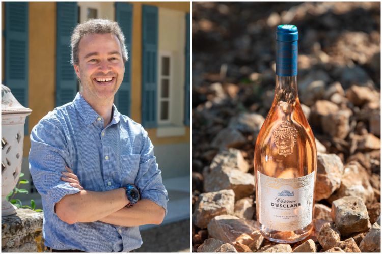 Bertrand L&eacute;on e una bottiglia di&nbsp;Ch&acirc;teau d'Esclans
