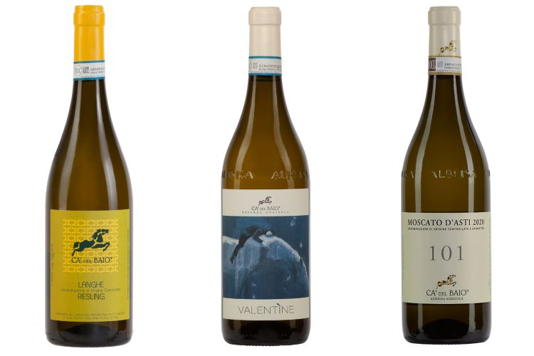 I vini bianchi presentati: Langhe Doc Riesling FRE 2024, Langhe Doc Chardonnay 2024 Valentine e Moscato d’Asti Docg 101 2025