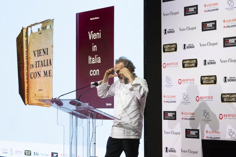 The cover of Massimo Bottura's book Vieni in Italia con me, which is also the name of the menu at Osteria Francescana

