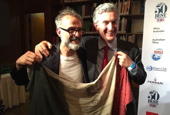 Massimo Bottura, Italy’s consul in New York Francesco Genuardi and the Italian flag