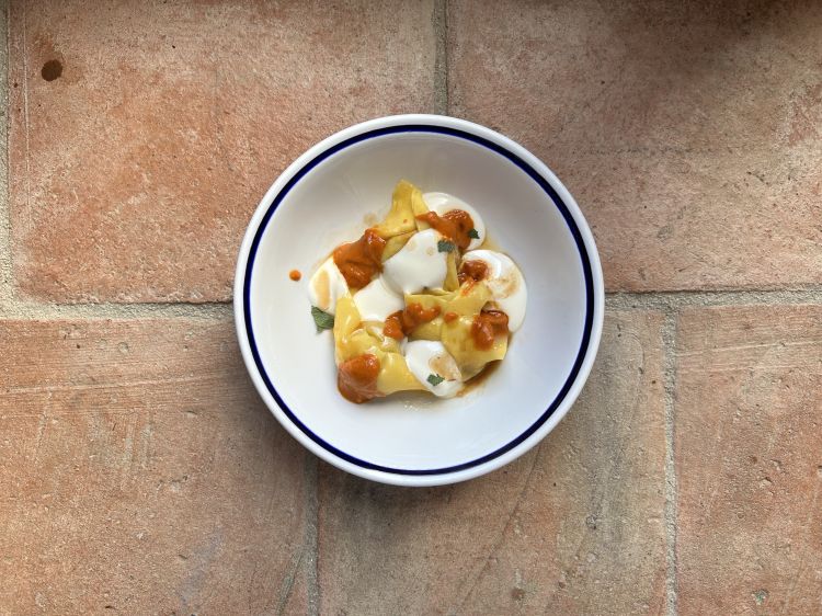 Cappellacci ripieni di ragù bianco di coniglio, fonduta di parmigiano reggiano 36 mesi e jus al Marsala
