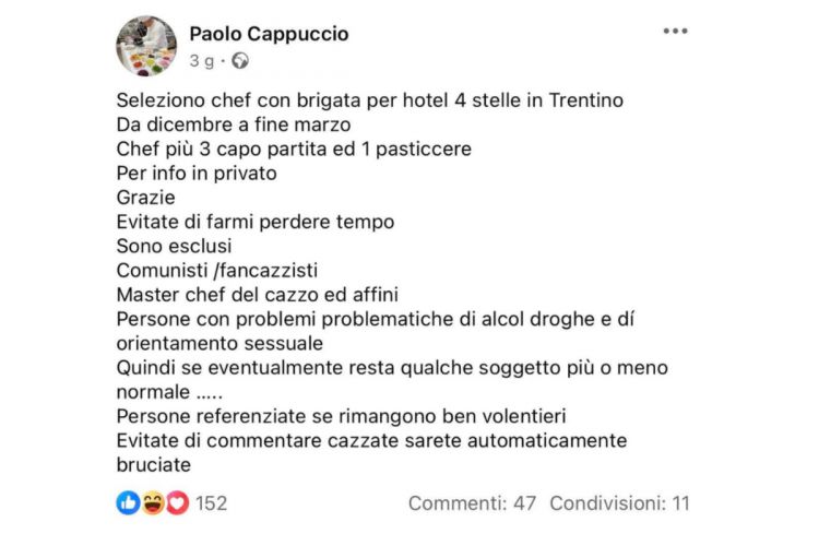 Il post su Facebook dello chef Paolo Cappuccio, al