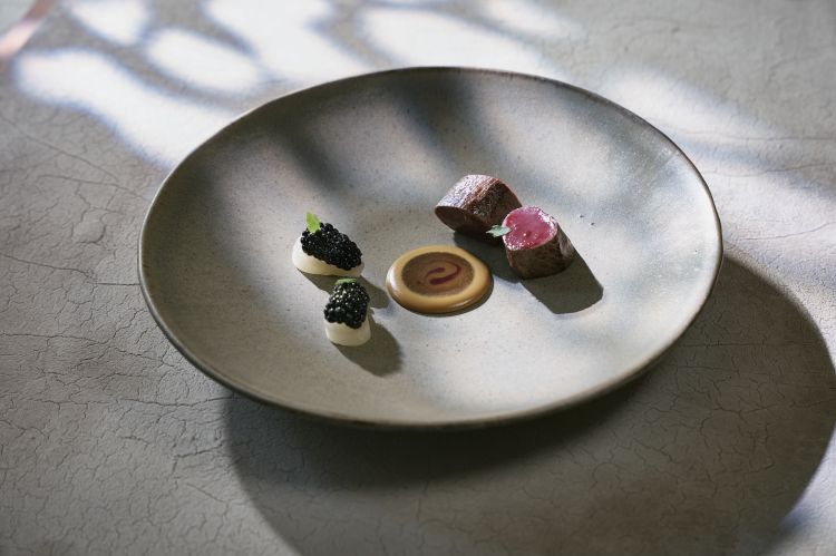 Capriolo - Quasi un altro capolavoro, avremmo voluto pi&ugrave; di due soli bocconi. &laquo;Il capriolo viene cotto in padella rovente, poi servito&nbsp;con una crema realizzata con fondo&nbsp;di selvaggina. Aggiungiamo&nbsp;le pere pituralca, una variet&agrave;&nbsp;slovena che andiamo a fermentare, poi&nbsp;arachidi, quindi una composizione di vegetali di fine inverno, pera, daikon, ci sono due variet&agrave; diverse di radicchio di campo e mizuna verde. Consigliamo di andare a combinare i sapori, quindi prendere la carne, passarla nella salsa, raccogliere i vegetali per godere tutte le consistenze&raquo;
