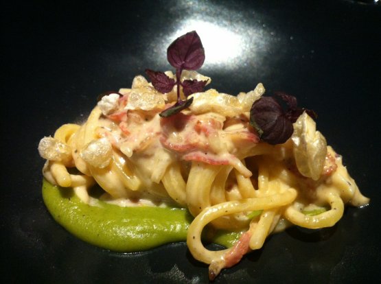 La Carbonara di baccalà, uno dei piatti che traslocherà da Unico al Felix Lo Basso Restaurant