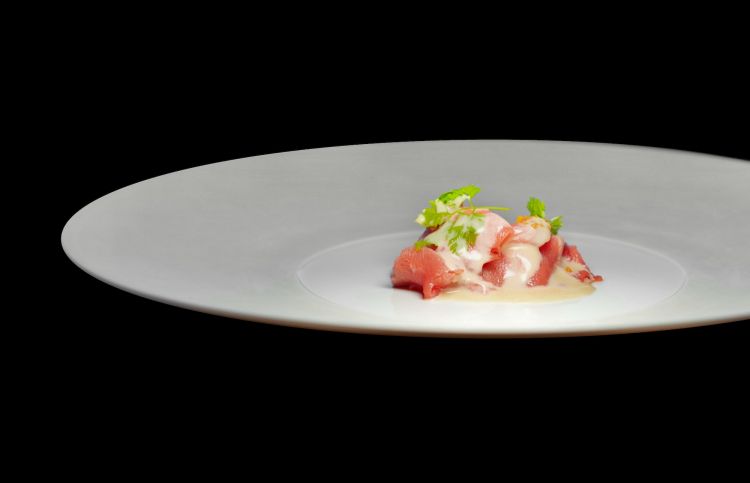 Carpaccio di fassona: fassona piemontese al Nebbiolo Darbia, scampo, senape in carpione, salsa al foie gras. Carne davvero buonissima, lo scampo ne risulta sovrastato, la senape va un po' via
