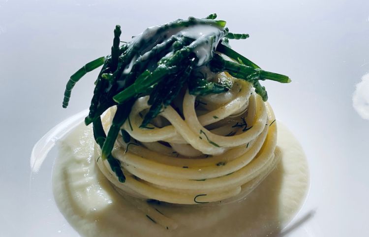 Spaghetto di Gragnano, estrazione di finocchio, salicornia e taleggio, l'unica incompiuta della carta di Agostino Schettino