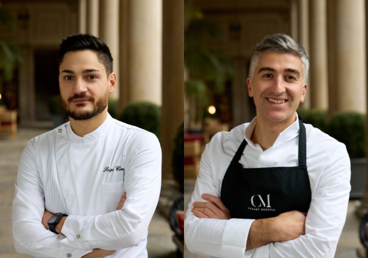 A sinistra, Luigi Cinotti e a destra Cesare Murzilli, rispettivamente Executive Chef ed Executive Pastry Chef di 10_11 Bar, Giardino, Ristorante di Portrait Milano, l'hotel Lungarno Collection, proprietà della famiglia Ferragamo
