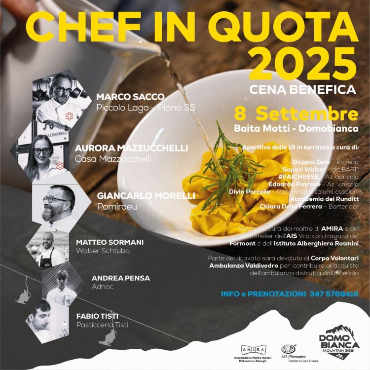La locandina del più atteso evento enogastronomico dell'estate ossolana: grandi protagonisti gli chef Aurora Mazzucchelli, Marco Sacco e Giancarlo Morelli aiutati dai più rappresentativi cuochi locali