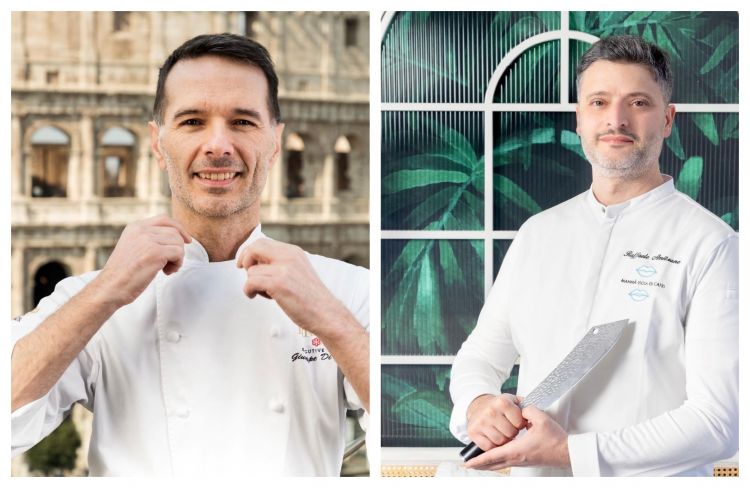 A sinistra Giuseppe Di Iorio, executive chef del Gruppo Manfredi e chef di Ristorante Aroma nella Capitale, e a destra il resident chef di Snodo, Raffaele Amitrano, nonchè chef del ristorante Mammà a Capri
