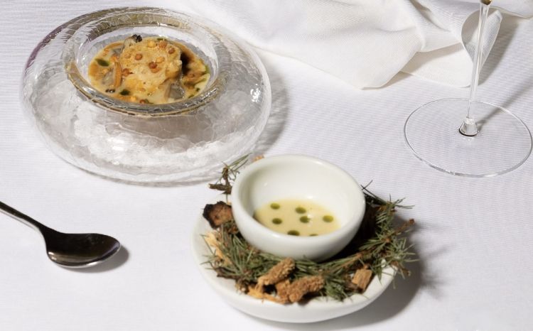 Ciceri e tria, piatto della tradizione pugliese, in questo caso incontra le vongole: ceci in più consistenze e pasta di semola sia bollita che fritta. Un capellino d’angelo cotto in un brodo di molluschi e crostacei, accompagnato da un consommé di vongole con una nota balsamica data dall’olio di larice allungati del limone fermentato