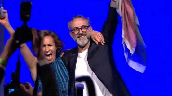 Massimo Bottura celebrates with his wife Lara Gilm