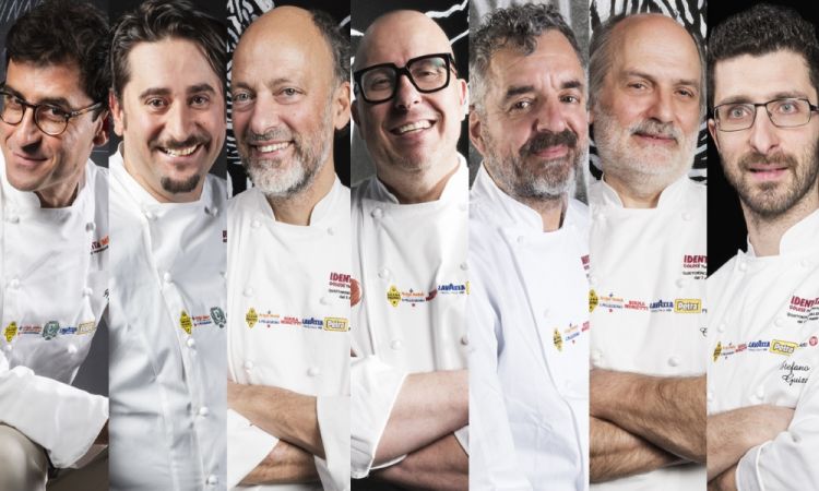 I magnifici sette della prima di Identità Gelato a Senigallia. Da sinistra: Iginio Ventura, Marco Pedron, Moreno Cedroni, Paolo Brunelli, Mauro Uliassi, Corrado Assenza e Stefano Guizzetti