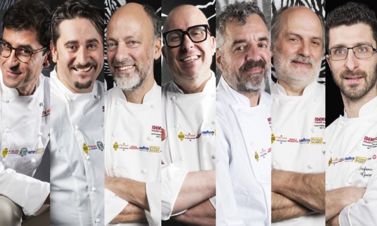 I magnifici sette della prima di Identità Gelato a Senigallia. Da sinistra: Iginio Ventura, Marco Pedron, Moreno Cedroni, Paolo Brunelli, Mauro Uliassi, Corrado Assenza e Stefano Guizzetti
