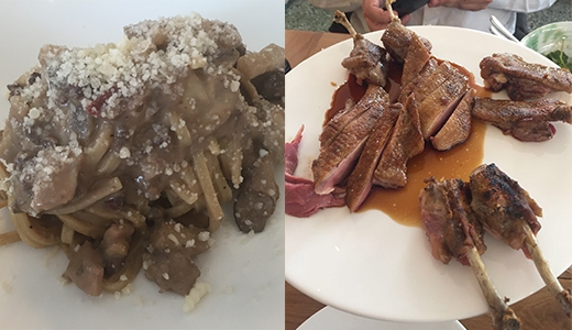 L'anatra in due servizi: tagliolini di ragù di rigaglie (a sinistra) e arrostita all'osso. Un bis grandioso