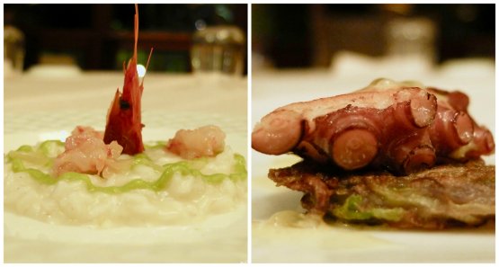 Due piatti del Mariva: Risotto Carnaroli al limone, crema di piselli allo zenzero e tartare di gamberi rossi di Sicilia e Polpo rosolato, panna cotta all’aglio, rosti di zucchine e patate viola, dressing al passion fruit