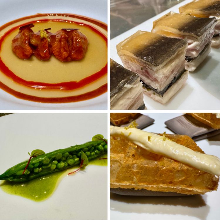 1.- Gelatina di melanzana, sobrasada e riccio di mare&nbsp;2.- Terrina di anguilla affumicata&nbsp;3.- Pisello lacrima in baccello di fagiolino verde&nbsp;4.- Airwaffle al parmigiano
