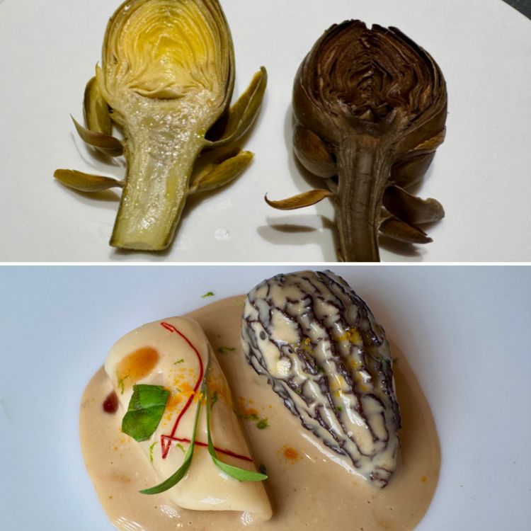 1.- Carciofo bianco e nero. 2.- Spugnole con salsa di vitello thai
