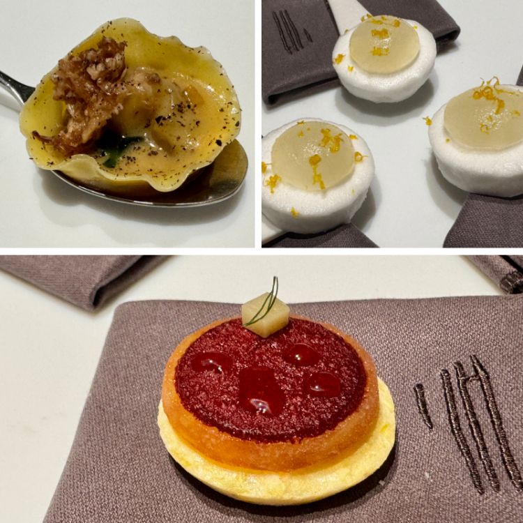 1.- Raviolo di fricand&oacute;. 2.- Pastiglia ghiacciata di sake e yuzu. 3.- Tartelletta di arancia valenciana
