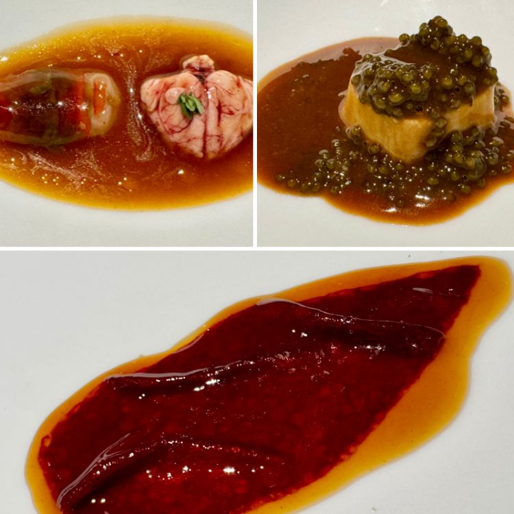 1.- Cervella di coniglio e di gamberi&nbsp;2.- Midollo con caviale e salsa di lenticchie-caviale&nbsp;3.- Piquillo al lampone
