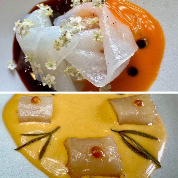 1. Calamaro, zucca e vaniglia 2. Tendini di tonno di tonnara alle spezie