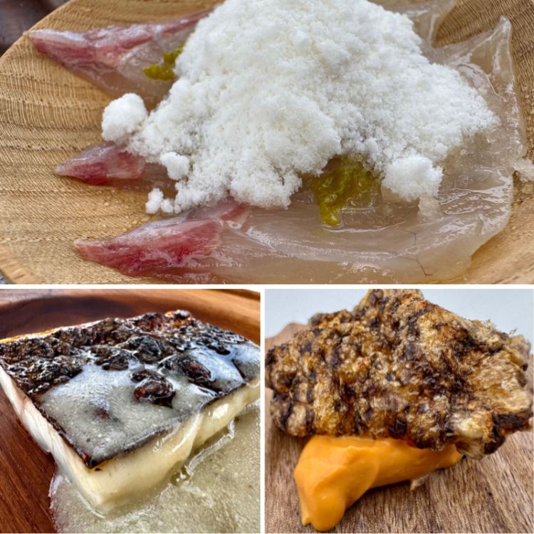 1. Orata in salpicón 2. Branzino con il suo pil-pil 3. Torrezno di murena con crema di adobo