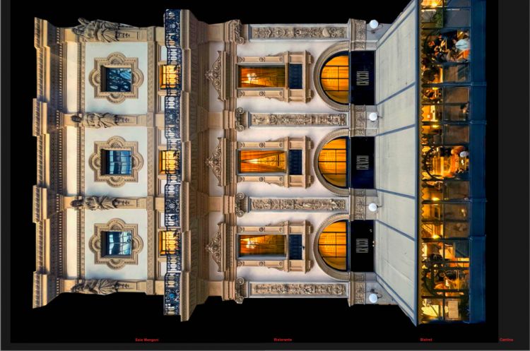 "Sdraiato", l'edificio che ospita Cracco in Galleria, con l'indicazione dei vari spazi: da sinistra la Sala Mengoni, il ristorante, il bistrot, la cantina
