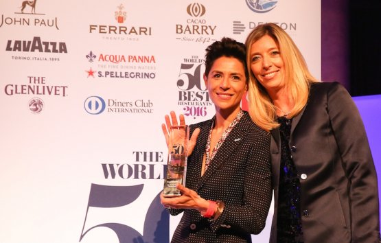 French Dominique Crenn working in San Francisco, California, the best female chef in the world in 2016, together with Hélène Pietrini, to the right, director of the World's 50 Best Restaurants to whom we owe the photo