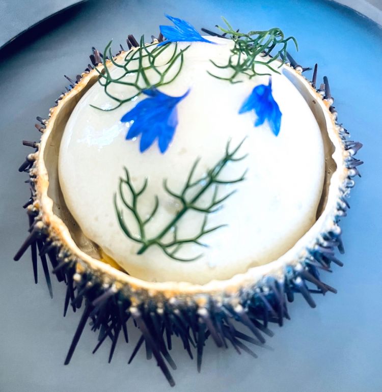 Crab served in an urchin shell, tomato, estragon and urchin coral