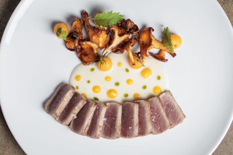 Tataki di tonno con i funghi finferli ripassati in padella e una sfera di zucca in oliocottura
