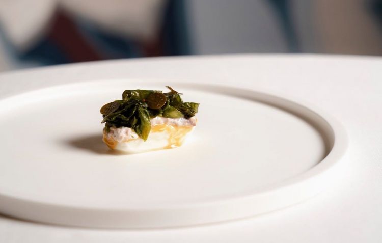 Mozzarella di bufala, riccio, cervello, alghe e capperi
