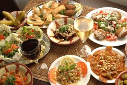 A table full of Lebanese dishes at Dawali