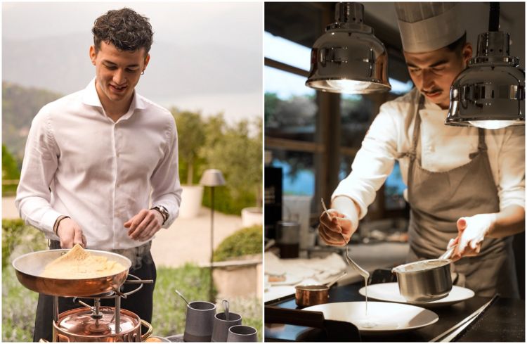 Dimitri Romanyuk prepara la Crêpe Suzette. A destra, il sous Sebastiano Pagliaro, torinese classe 2000, a La Darbia dal marzo 2021. Ha lavorato anche da Big Mamma a Parigi e al Magorabin nel capoluogo piemontese, al suo attivo anche uno stage al Mudec da Bartolini
