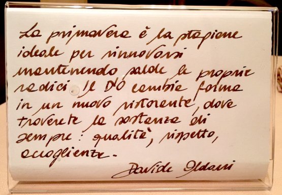 Those dining these days at D'O, find this note on the table. The new location for Davide Oldani’s restaurant in Cornaredo is almost ready, one hundred metres’ from the historic one
