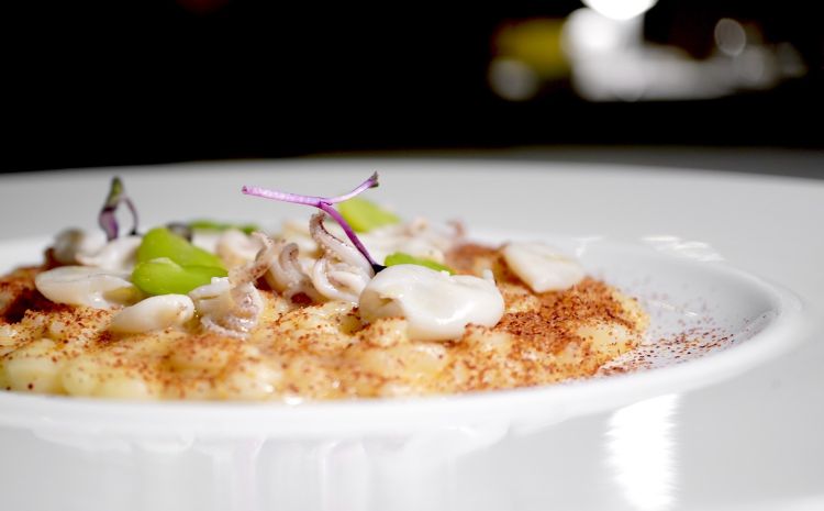 Risotto Carnaroli Riserva San Massimo, crema di nettarine gialle, polvere della loro buccia, calamaretti spillo, fave fresche. La mantecatura risulta persin eccessivamente piaciona (tanto parmigiano...), si può essere insomma ancora più dritti e puliti. Ma è un gran bel risotto, poco da dire, con note dolce-acide-umami deliziose