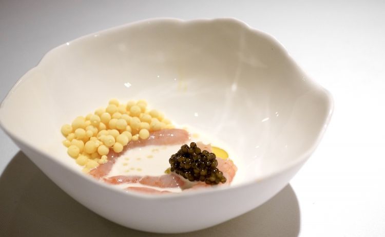 Coast prawns with pine nut milk, frozen lupins and caviar (2019). Exceptional harmony, a take on the classic Portuguese aperitif of beer and lupins 
