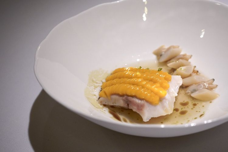 Seabass with butternut squash purée, langoustine, clam dashi, lemon zest and pumpkin seeds (2020)
