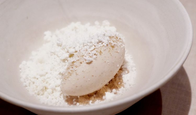 Fior di castagno: gelato with chestnut flowers, black walnuts, mousse of goat’s milk ricotta, crumble, popcorn with liquid nitrogen 
