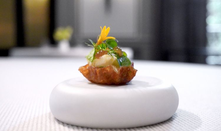 Cialda al passion fruit, gel allo zenzero vanigliato, insalatina aromatica