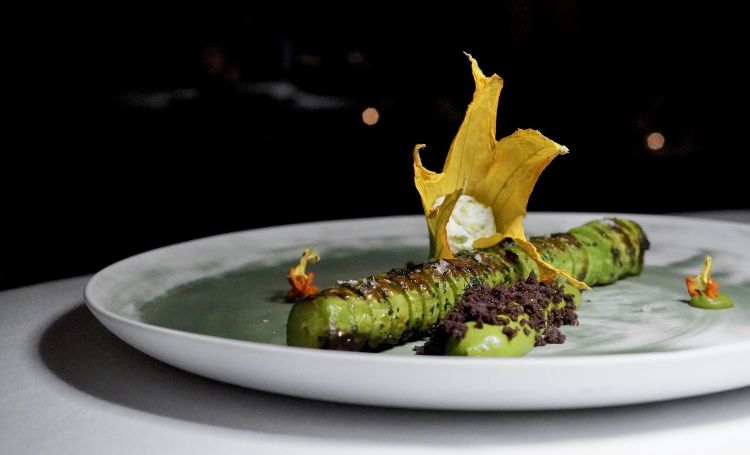 Zucchine trombetta d'Albenga al forno, la loro crema, i loro fiori, terra di olive taggiasche, ricotta di pecora Brigasca, limone
