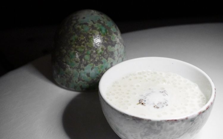 Uovo pochée di gallina ruspante, schiuma di aglio di Vessalico, verdure della Piana, acqua di tartufo nero
