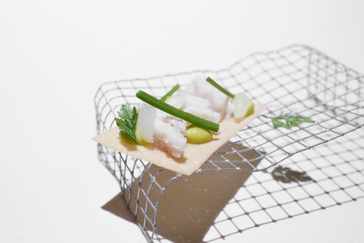 E poi gli appetizer. Anguilla in tre stili: il primo vede sulla retina un brick con anguilla affumicata, maionese all'erba cipollina e cipolline in agrodolce. Subito un grandissimo assaggio