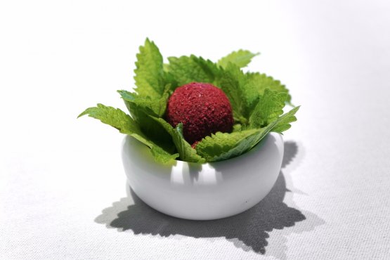 Sfera di polvere di lamponi, amaro S.Pellegrino, cedrata Tassoni, lime e gingerbeer. Un intermezzo evitabile