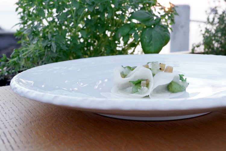 With the first course, we already reach the stars: Trunzu cabbage, rocket and lemon. The cabbage is seasoned with a cream of seaweeds and rocket, and its leaves are marinated and grilled