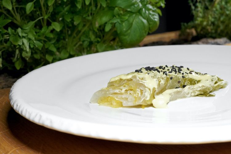 Lettuce and sesame. Another great dish: the lettuce is fermented in buttermilk and seasoned with chargrilled shallot mayonnaise and black sesame