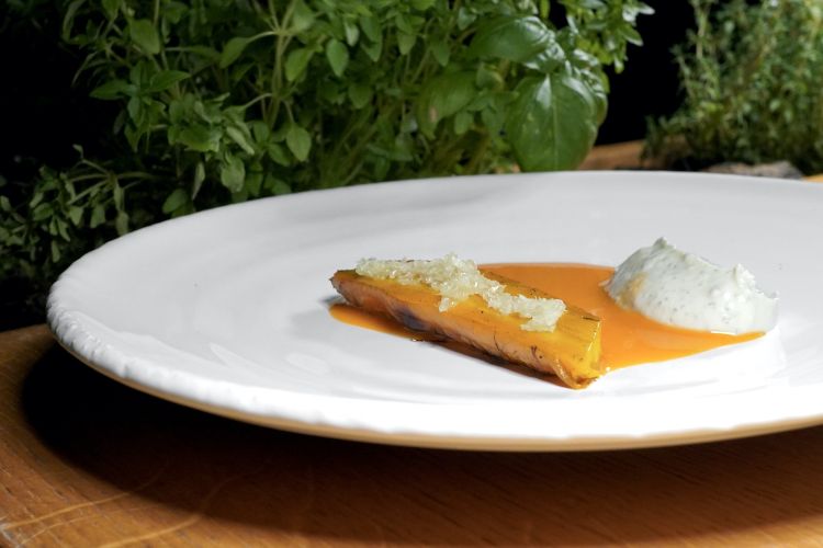 Carrot and goat: it's a glazed carrot with a miso of chargrilled carrot, finger lime, curdled goat's milk, lactofermented carrot juice. Great sour-savoury elegance