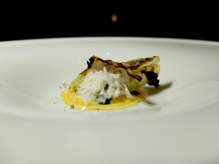 King crab, cavolo cappuccio marinato nel miso, salsa di zucca gialla (2017): altro piatto di gran classe, con la nota aromatica dei semi di zucca tostati e polverizzati, più gocce di olio al prezzemolo
