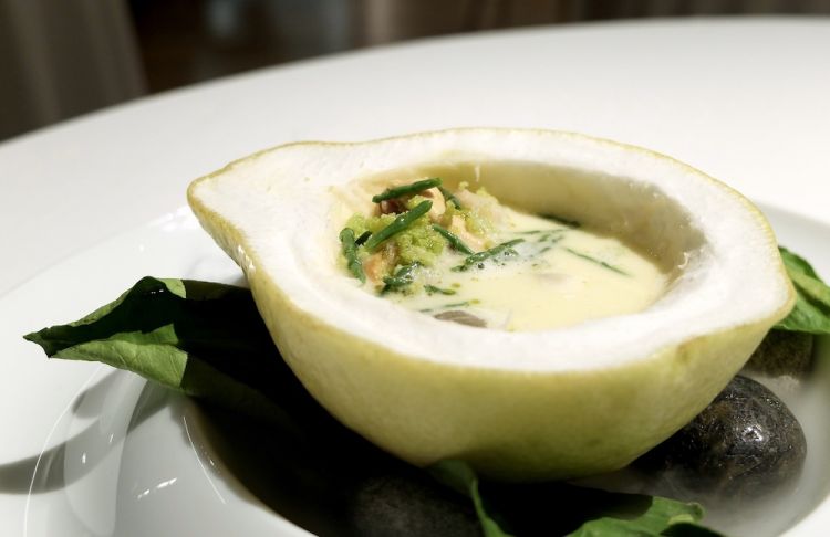 Il piatto è Cedro con insalata di molluschi, panko all'olio di prezzemolo, salicornia, pomelo. L'acqua dell'insalata di mare è abbinata al Martini, «la mia idea di Spagna in un piatto»
