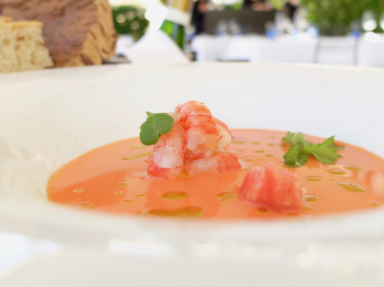 Crudo di gambero rosso, gazpacho di pomodoro
